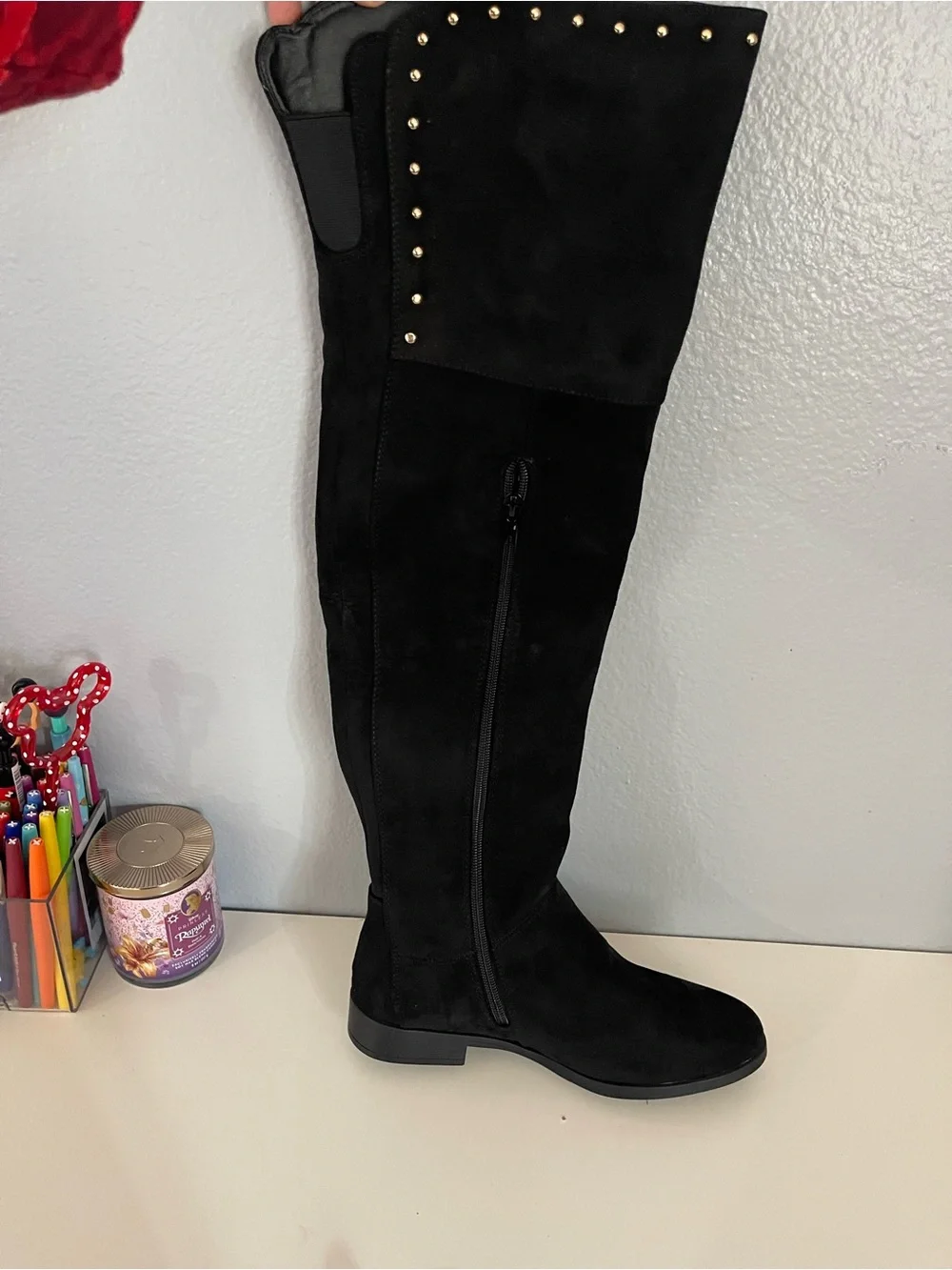 XOXO Black Over-the-Knee Studded Suede-Look Boots